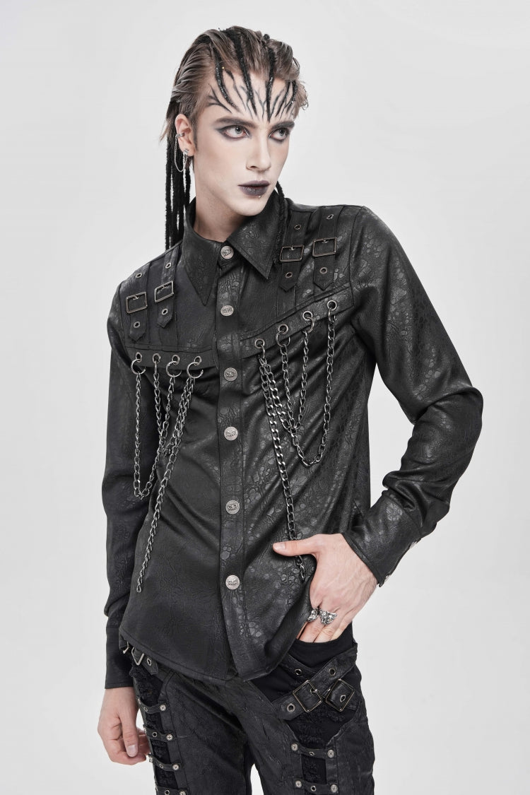 Black Lapel Collar Long Sleeves Buckled Strappy Chain-Decorated Men's Punk Shirt - Product - 3