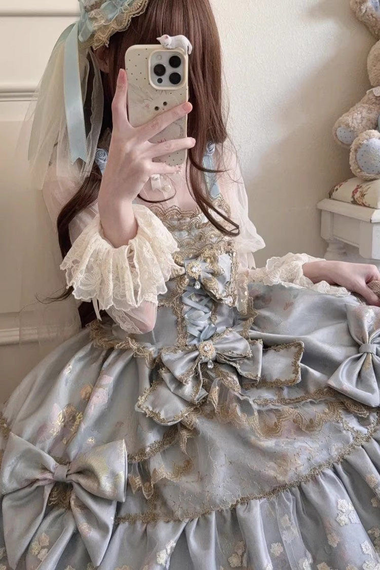 Sweet Sleeveless Ruffled Foil-Stamped Embroidered Open-Front Bow Lace Gorgeous Lolita Jsk Dress 4 Colors - Product - 8
