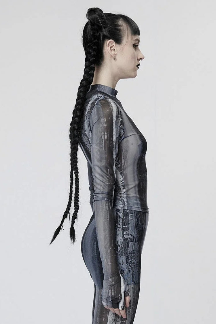 Black/Grey Long Sleeves Print Mesh Tie-dyed Women's Steampunk T-Shirt - Product - 2