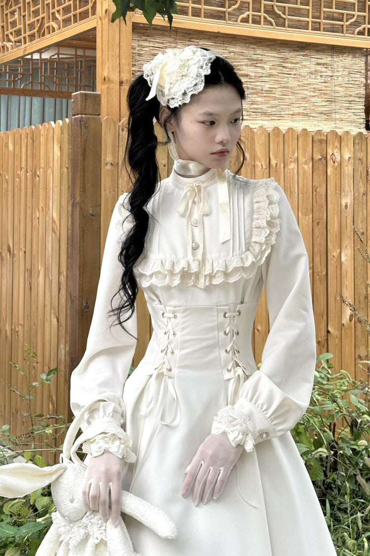 Apricot Stand Collar Long Sleeves Ruffled Lace-Up Gothic Lolita Dress - Product - 4