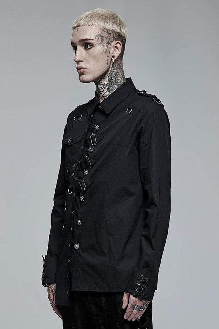 Black Punk Asymmetric Hem Personality Metal Buckle Decorative Soft Long Sleeve Men's Shirt - Product - 2