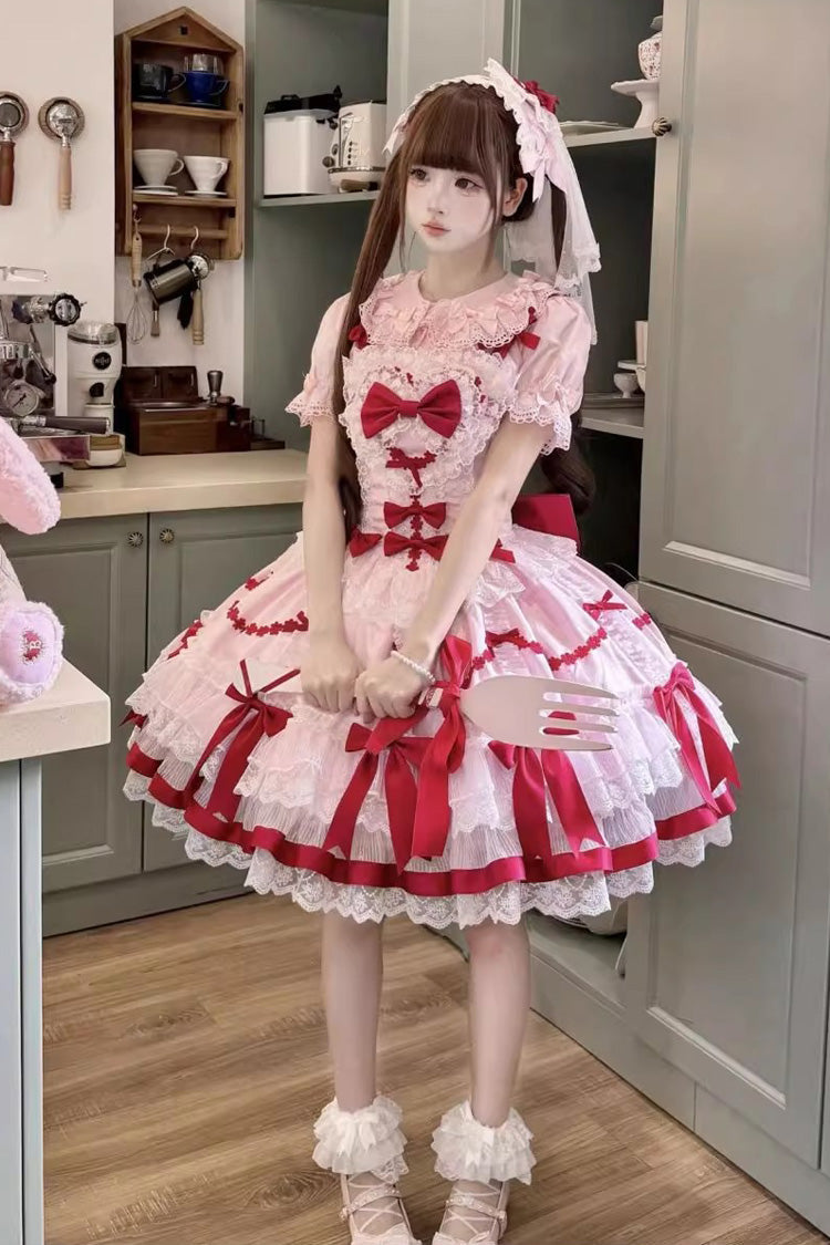 Red/Pink Scarlet Heart Cocoa Sleeveless Triple-Layered Ruffle Embroidery Bowknot Lace Sweet (Dress Only) detail view 3