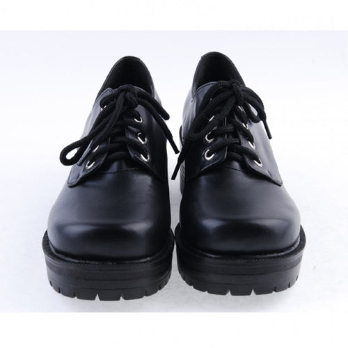 Black Synthetic Leather Round Toe Military Style Platform Lolita Shoes - Product - 5