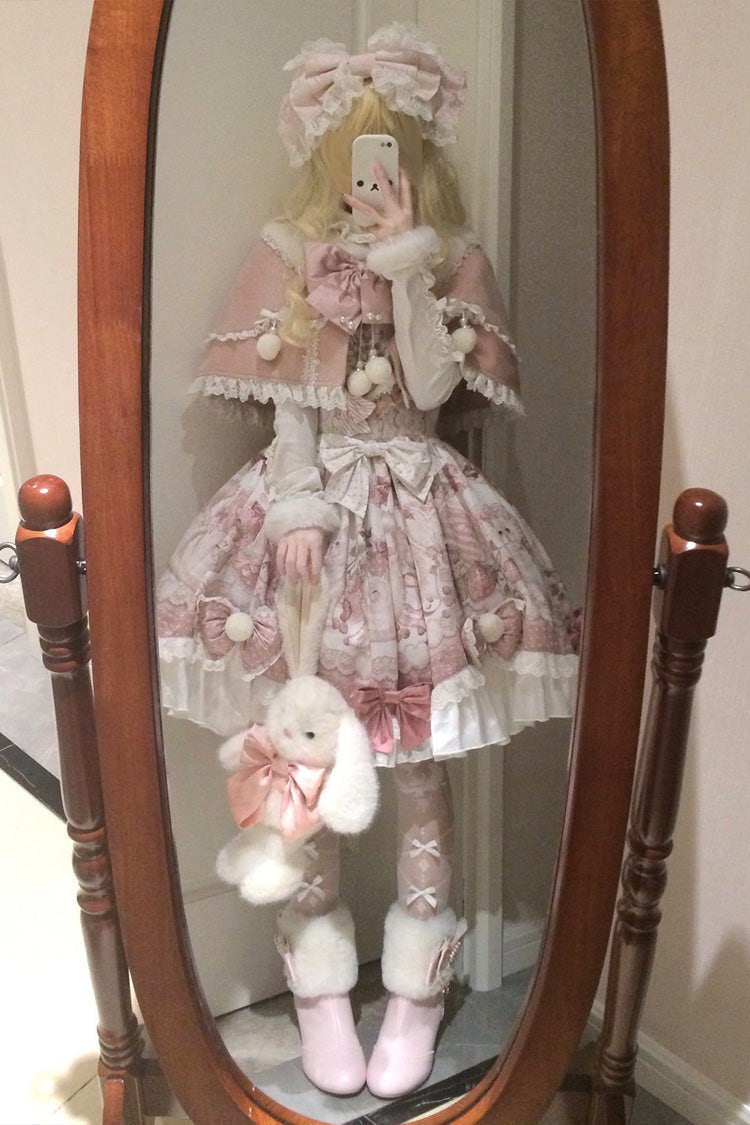 Pink [Sweet Dessert Cat] Print Ruffle Bowknot Lace Sweet Princess Lolita Dress Set - Product - 9