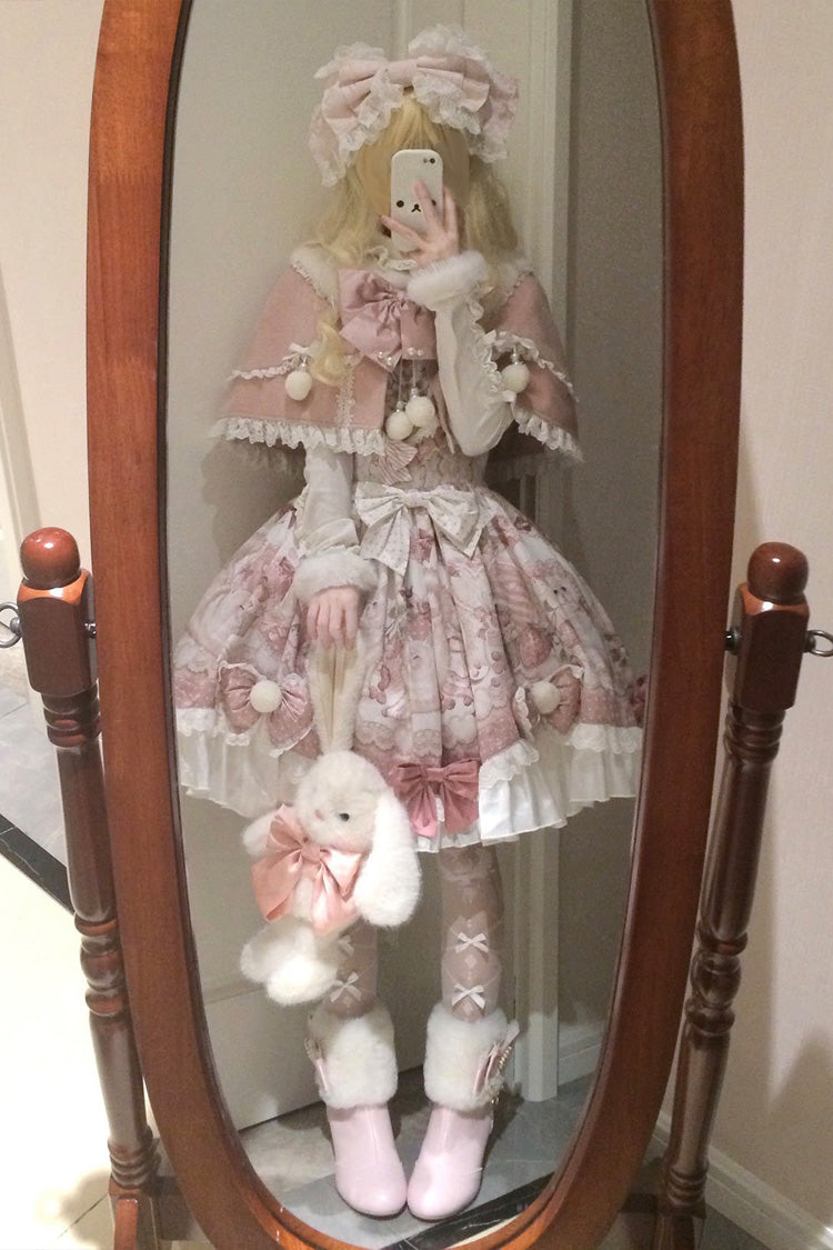 Pink [Sweet Dessert Cat] Print Ruffle Bowknot Lace Sweet Princess Lolita Dress Set - Product - 9