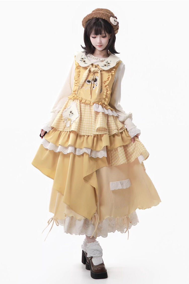Yellow [Orange Diary] Multi-Layered Printed Embroidered Bow Lace Asymmetric Sweet Lolita Jumper Dress - Yellow(Set) - 1