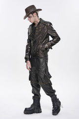 Brown Lapel Collar Long Sleeves Asymmetric Studded Zippered Pleated Eyelet Men's Punk Jacket - Product - 9