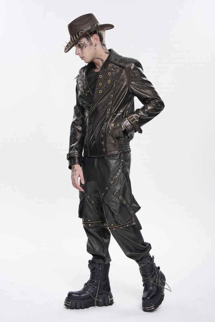 Brown Lapel Collar Long Sleeves Asymmetric Studded Zippered Pleated Eyelet Men's Punk Jacket - Product - 9