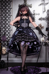 Black [Feast of Bones] Halterneck Multi-Layered Print Ruffle Lace Gothic Elegant Lolita Jsk Dress - Black - 1
