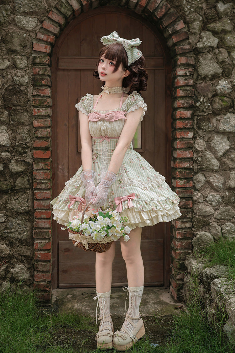 Green [An Encounter with Austin] Square Collar Short Sleeves Multi-Layered Rose Printed Ruffled Bow Lace Sweet Lolita Dress 2 Versions - Product - 17