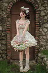 Green [An Encounter with Austin] Square Collar Short Sleeves Multi-Layered Rose Printed Ruffled Bow Lace Sweet Lolita Dress 2 Versions - Product - 17