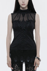 Black High Collar Sleeveless Stitching Lace Lace-Up Mesh Women's Gothic T-Shirt - Black - 1