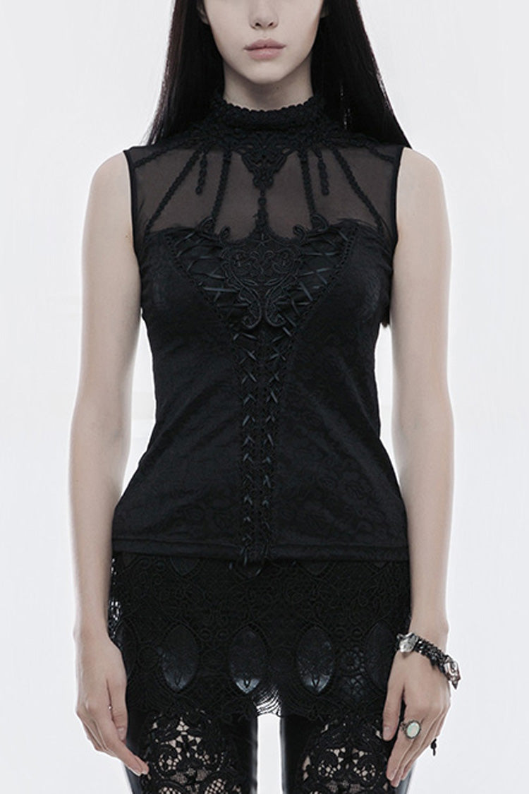 Black High Collar Sleeveless Stitching Lace Lace-Up Mesh Women's Gothic T-Shirt - Black - 1