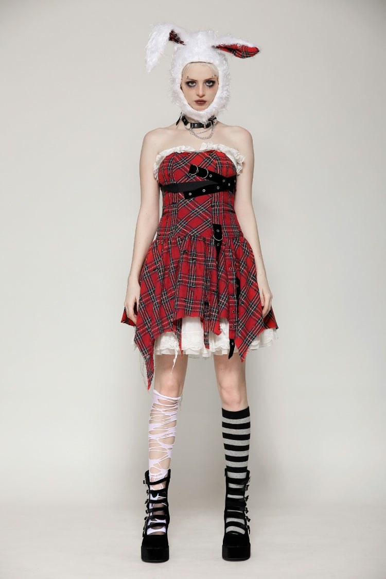 Red Buckled Frayed Asymmetric Hem Women's Punk Grunge Plaid Mini Slip Dress - Product - 5