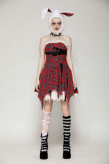 Red Buckled Frayed Asymmetric Hem Women's Punk Grunge Plaid Mini Slip Dress - Product - 5