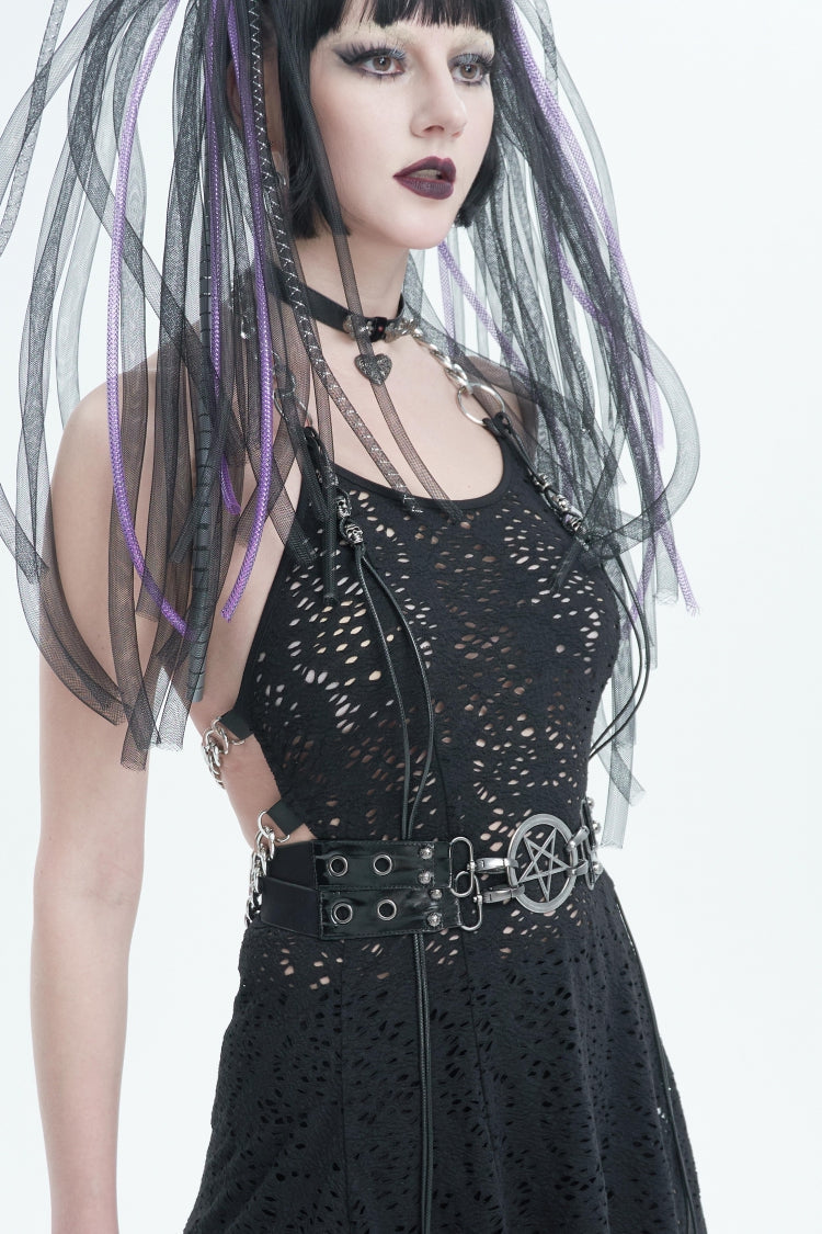 Black Studded Eyelet Women's Gothic Accessory Star Double-layer Faux Leather Belt - Product - 7
