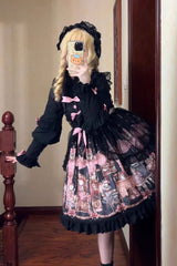 Black [The Case of the Missing Lamb] Print Ruffle Bowknot Lace Gothic Lolita Jsk Dress - Product - 7