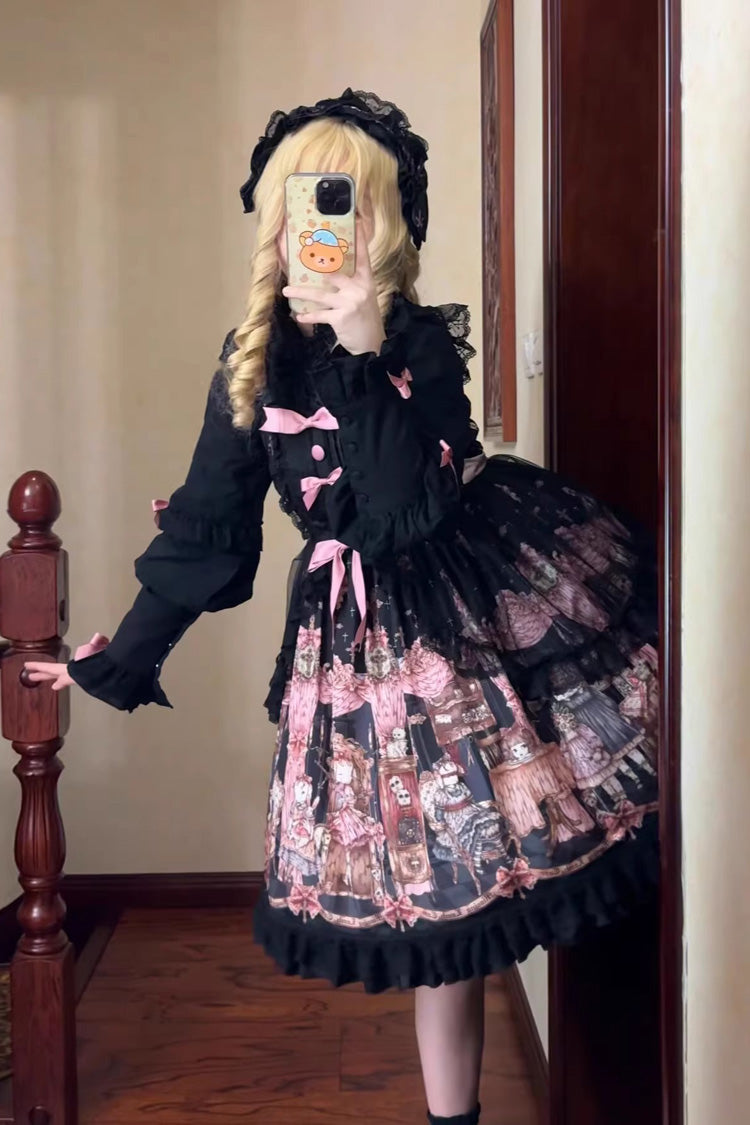 Black [The Case of the Missing Lamb] Print Ruffle Bowknot Lace Gothic Lolita Jsk Dress - Product - 7