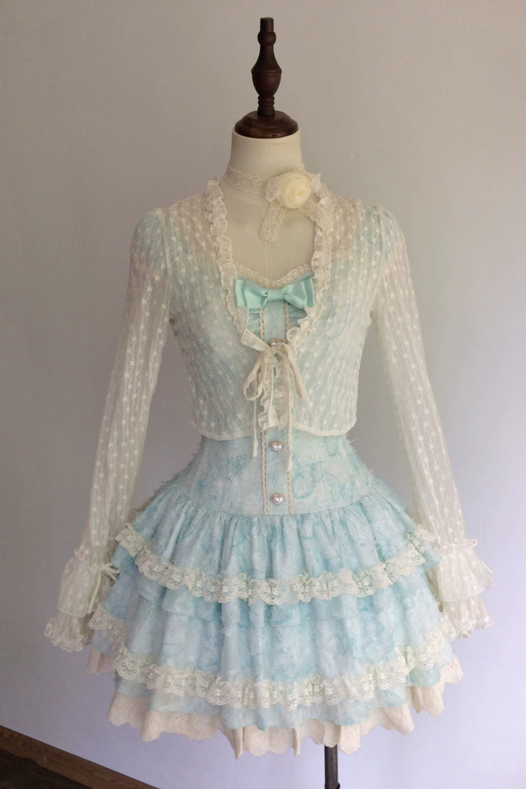 Sweet Square Collar Sleeveless Ruffled Embroidered Bow Lace Boned Lolita Dress 3 Colors (Pink, Green, Blue) - Product - 7
