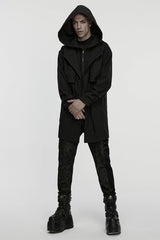 Black Lapel Collar Long Sleeves Hooded Zippered Eyelet Men's Gothic Coat - Product - 4