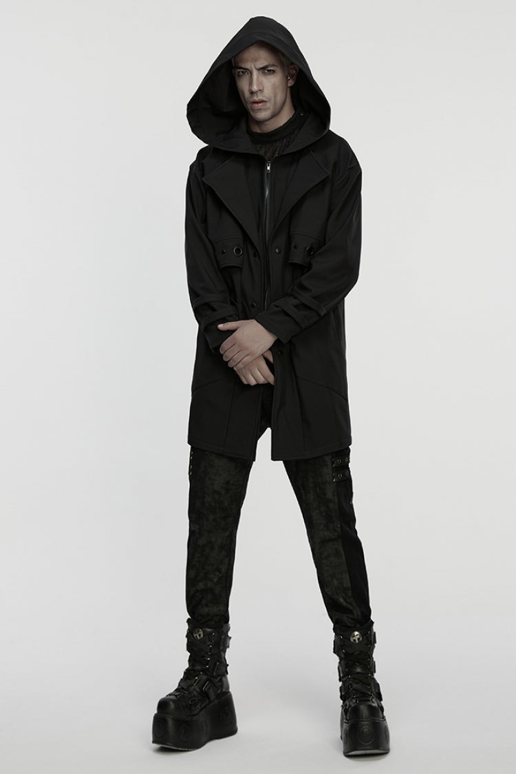 Black Lapel Collar Long Sleeves Hooded Zippered Eyelet Men's Gothic Coat - Product - 4