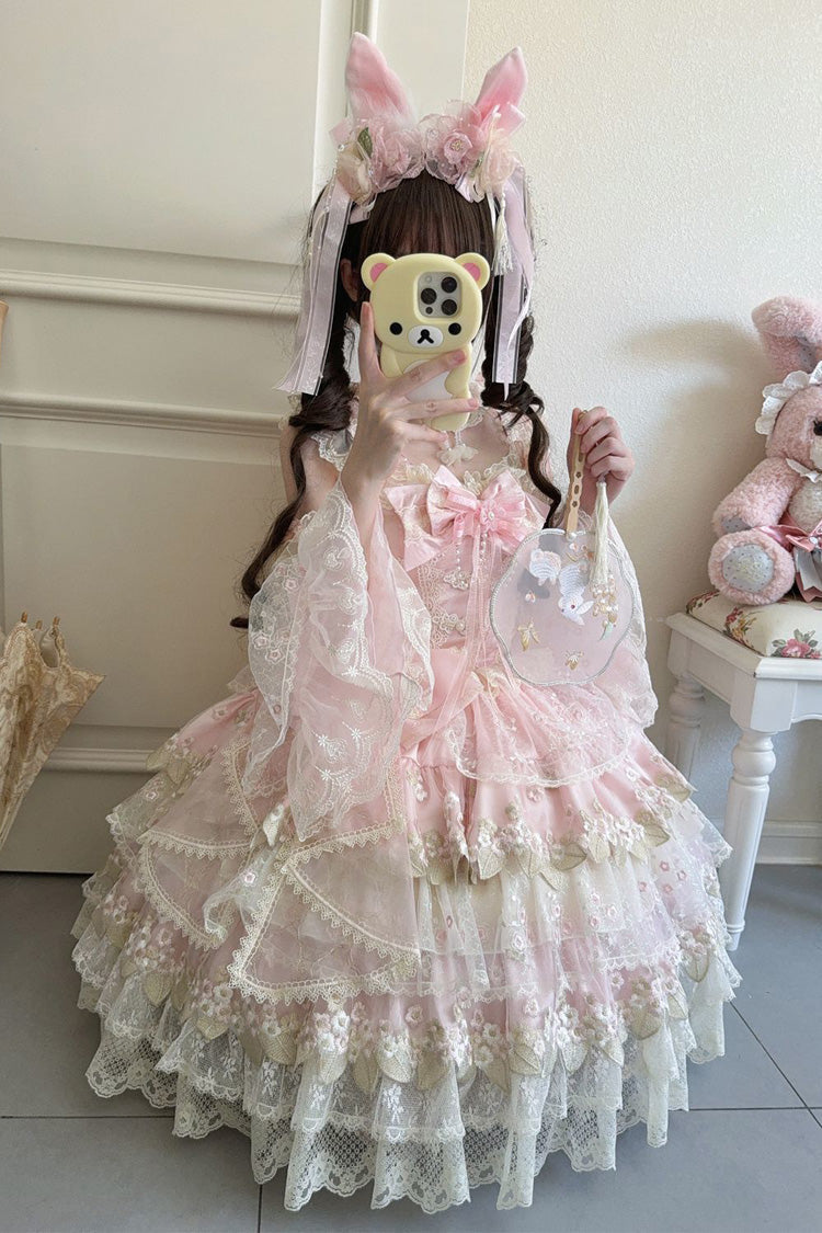 Pink [Falling Flowers in the Rain] Sleeveless Ruffle Embroidery Bowknot Sweet Chinese Style Lolita Jsk Dress - Product - 6