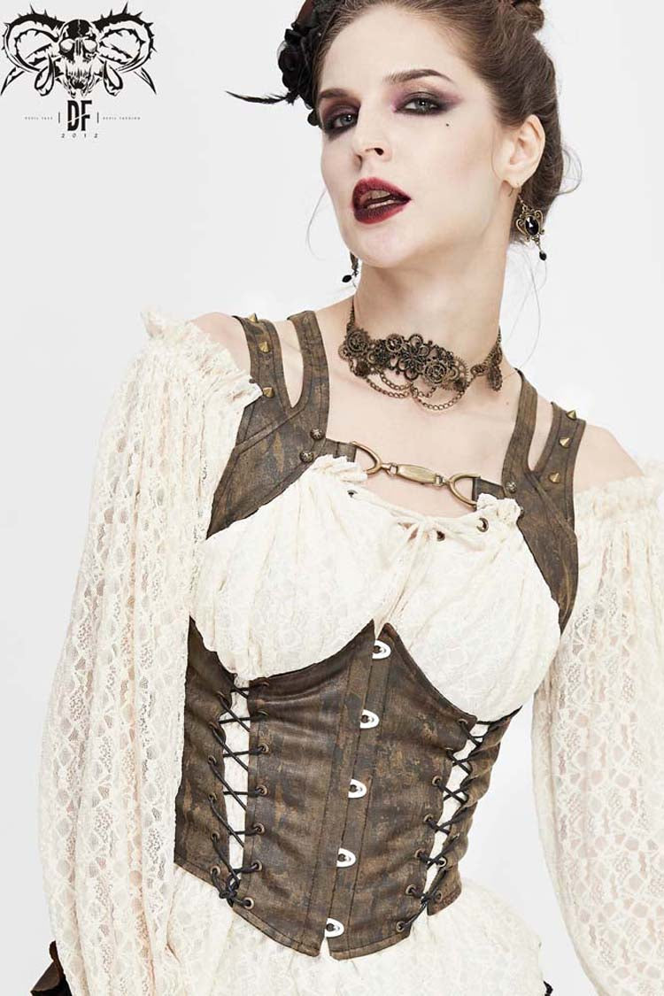 Brown Lace Up Chest Hollow Steel Buckle Rivet Strap Women's Punk Waistcoat - Product - 2