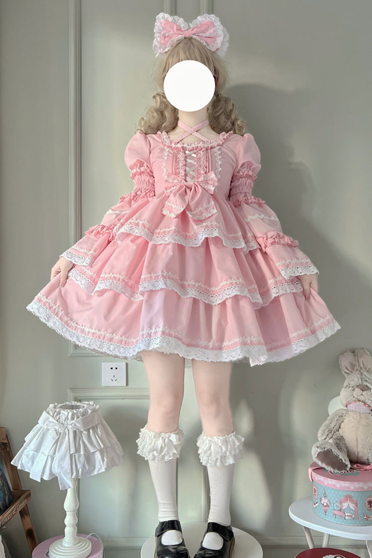 Pink Triple-Layered Detachable Sleeves Bowknot Lace-Up Sweet Lolita Dress - Pink - 1