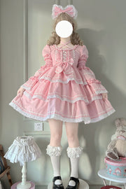 Pink Triple-Layered Detachable Sleeves Bowknot Lace-Up Sweet (Set) front view