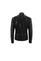 Black Stand Collar Stretch Faux Leather Twill Woven Men's Punk Jacket - Product - 7