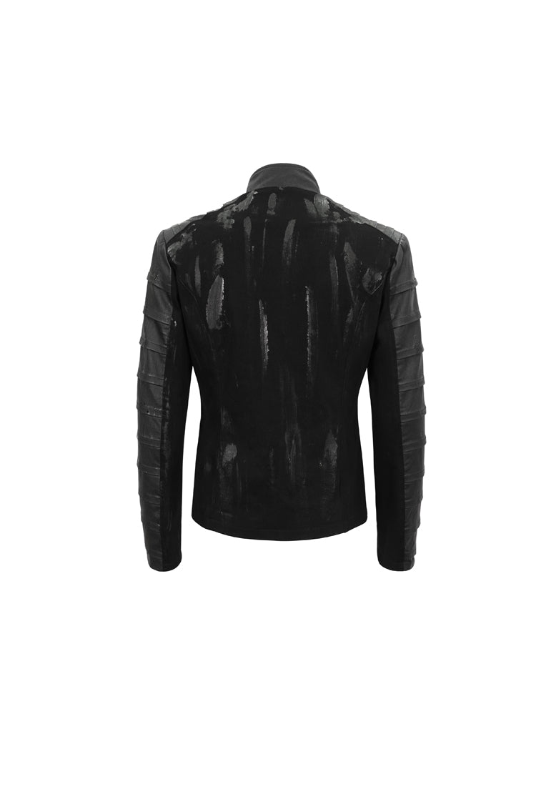 Black Stand Collar Stretch Faux Leather Twill Woven Men's Punk Jacket - Product - 7