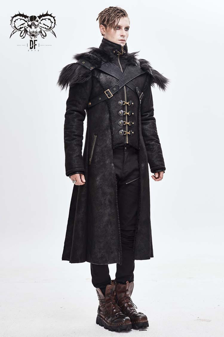 Black Stand Up Collar Shoulder Fur Cape Front Metal Hasp Chest Loops Long Fur Men's Punk Coat - Product - 3