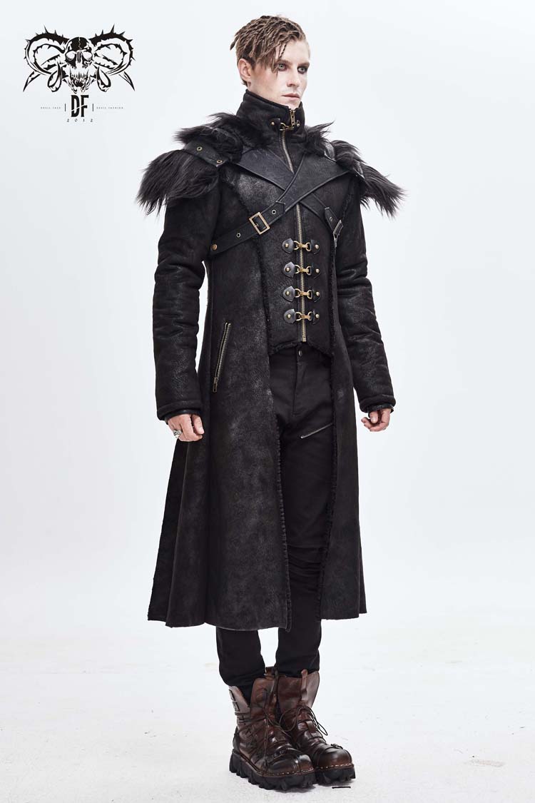 Black Stand Up Collar Shoulder Fur Cape Front Metal Hasp Chest Loops Long Fur Men's Punk Coat - Product - 3