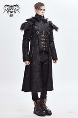 Black Stand Up Collar Shoulder Fur Cape Front Metal Hasp Chest Loops Long Fur Men's Punk Coat - Product - 3