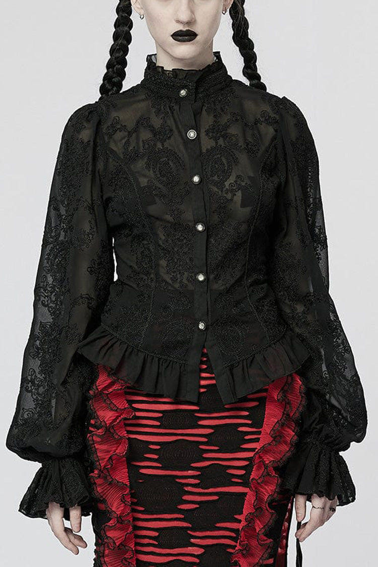 Stand Collar Long Puff Sleeves Embroidery Womens Gothic Blouse 2 Colors - Black - 1