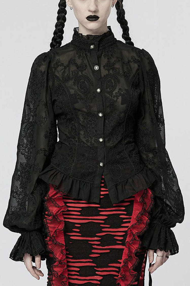 Stand Collar Long Puff Sleeves Embroidery Womens Gothic Blouse 2 Colors - Black - 1