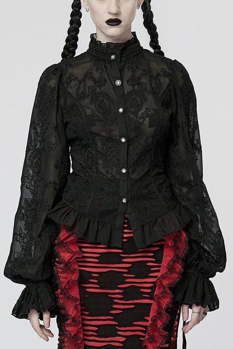 Stand Collar Long Puff Sleeves Embroidery Womens Gothic Blouse 2 Colors - Black - 1