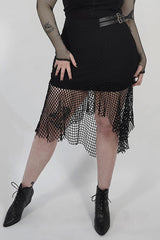 Black Side Leather Clasp Splice Rough Mesh Irregular Hem Plus Size Knit Women's Punk Fishtail Skirt - Black - 1