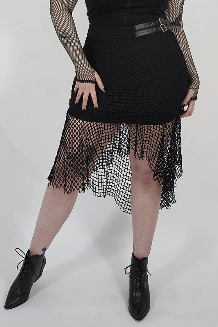 Black Side Leather Clasp Splice Rough Mesh Irregular Hem Plus Size Knit Women's Punk Fishtail Skirt - Black - 1