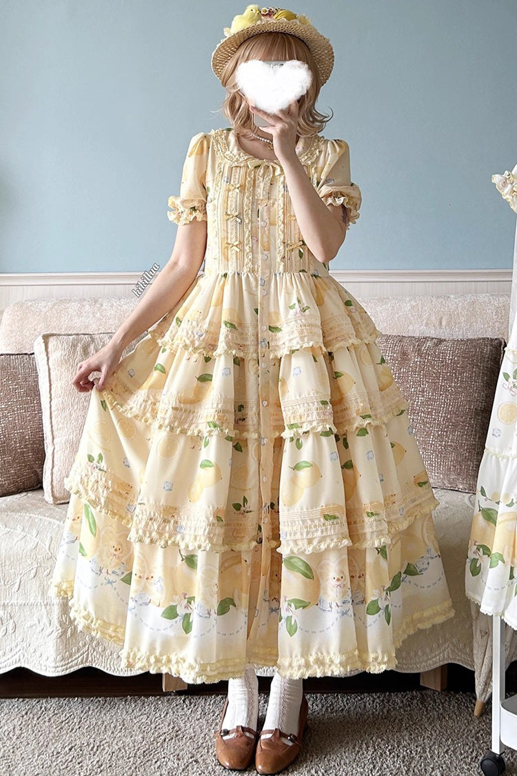 Yellow [Lemon Chicken] Short Sleeves Triple-Layered Print Ruffle Bowknot Lace Sweet Gorgeous Lolita Dress - Product - 2