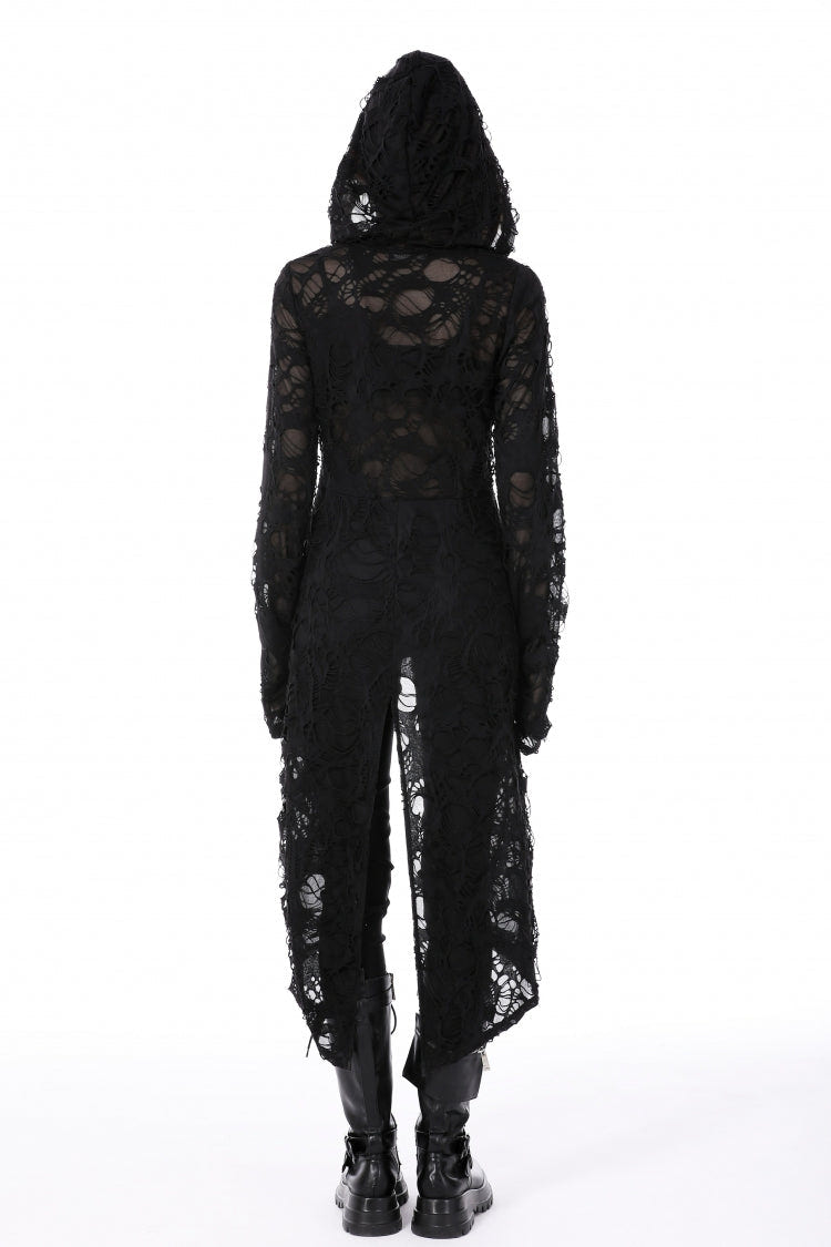 ブラック 長袖 スプリット ダメージ加工 ジッパー付き レディース パンク ロングコート フード付き 商品画像