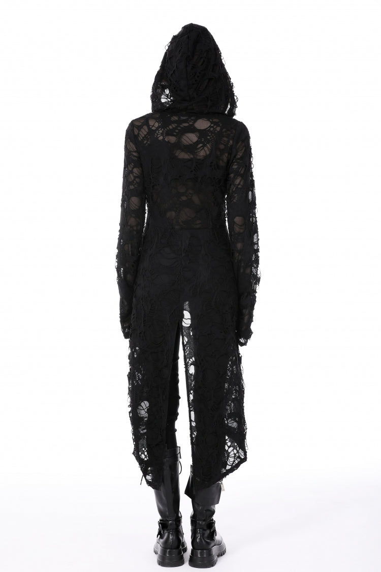 Black Long Sleeves Split Ripped Zippered Women's Punk Long Coat with Hood - Product - 4