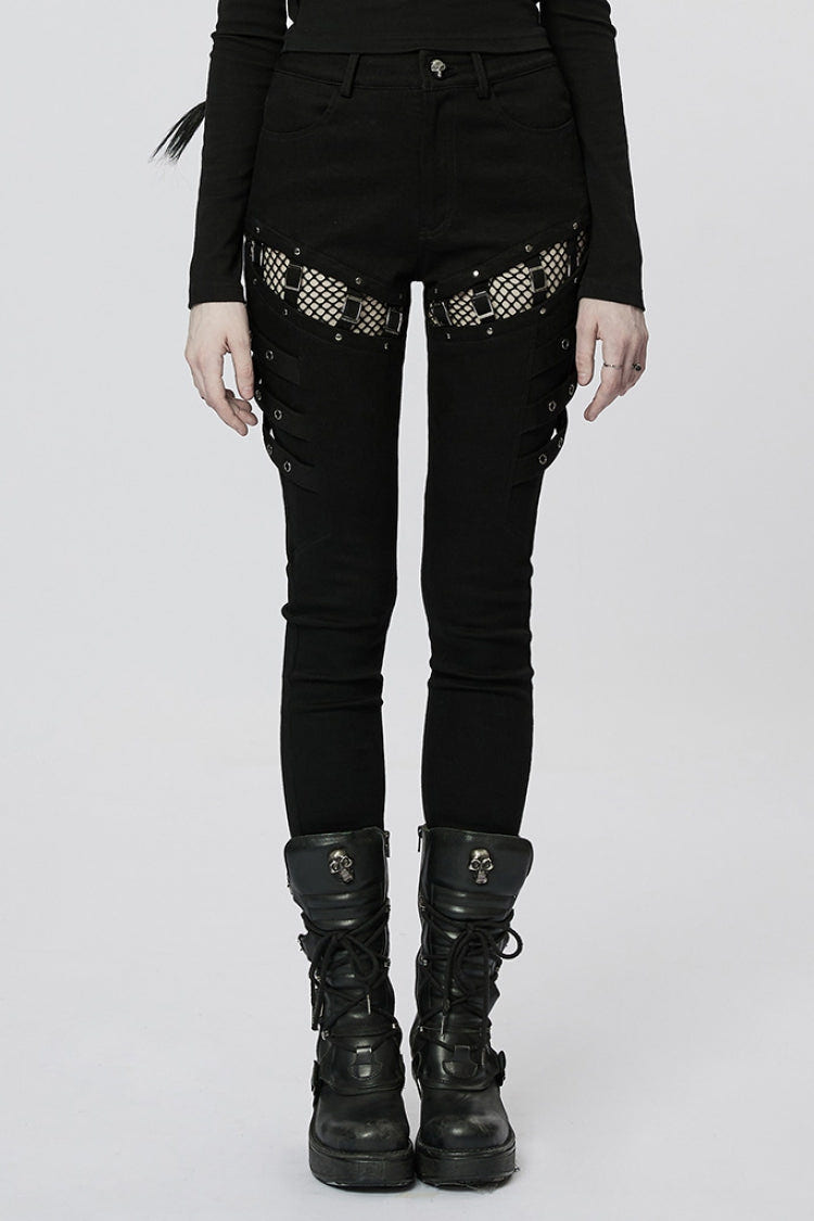 Black Stitching Slim Mesh Buckles Metal Hardware Women's Steampunk Pants - Black - 1