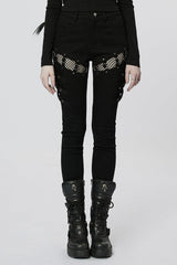 Black Stitching Slim Mesh Buckles Metal Hardware Women's Steampunk Pants - Black - 1