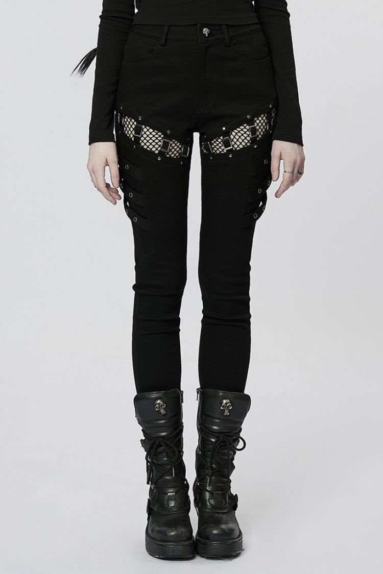 Black Stitching Slim Mesh Buckles Metal Hardware Women's Steampunk Pants - Black - 1