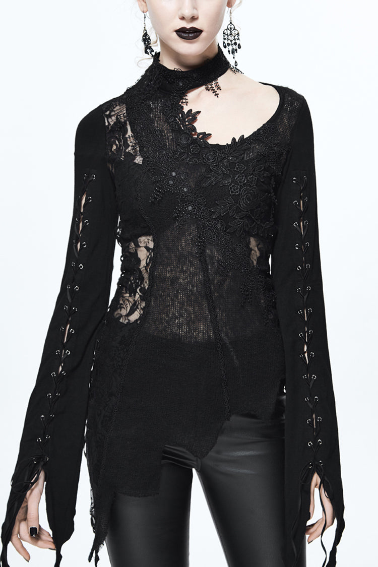 Black Asymmetric Lace Woolen Splice Rose Mesh Chest Hollow Applique Hem Women's Gothic Sweater - Black - 1