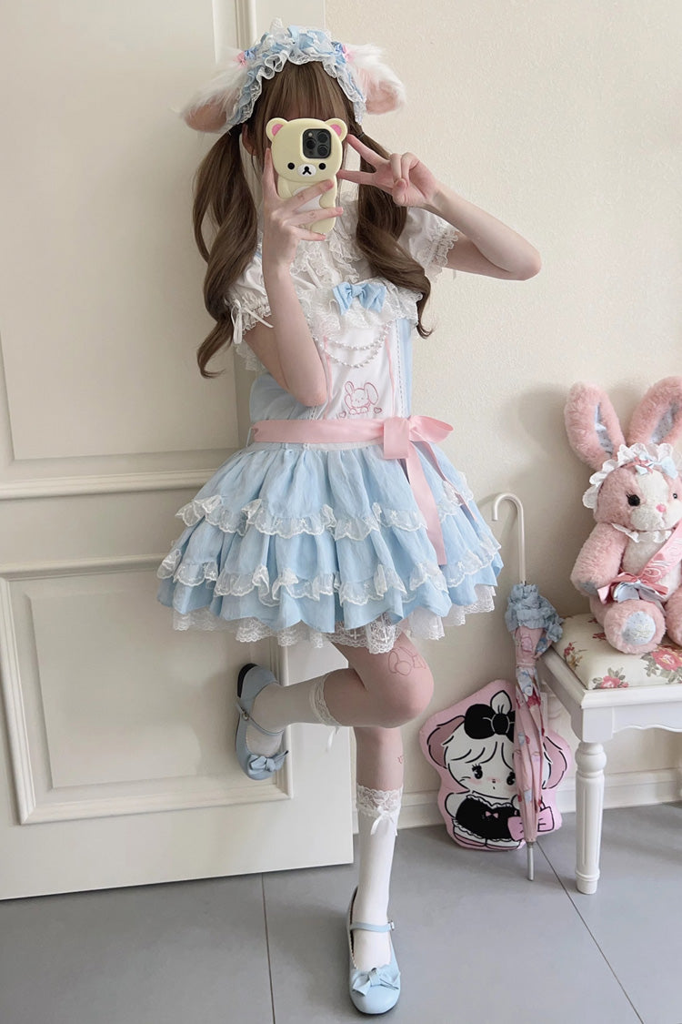 Blau, ärmellos, doppellagig, mit Rüschen, Kaninchen-Stickerei, Schleife, Spitze, süß (Kleid einzeln), Detailansicht 2