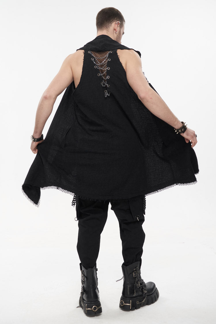 Black Aluminum Chain Stitching Design Distressed Cotton Linen All Seasons Men's Punk Vest - Product - 6
