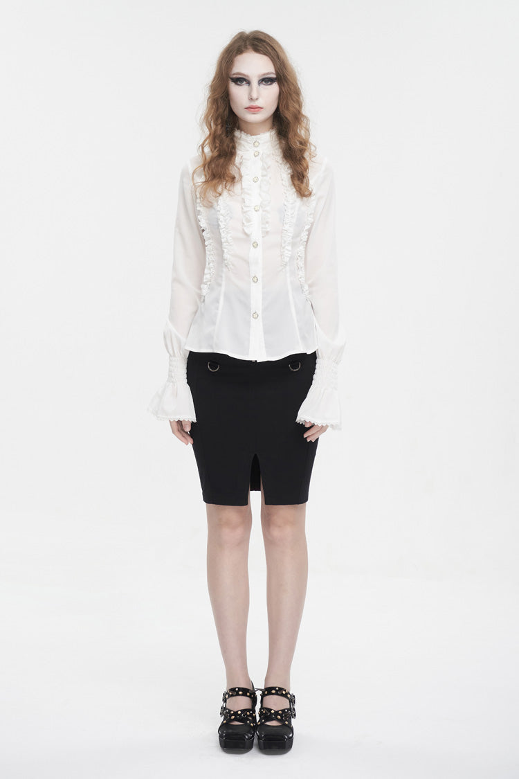 White Stand Collar Ruffled Women's Gothic Shirt - White - 1