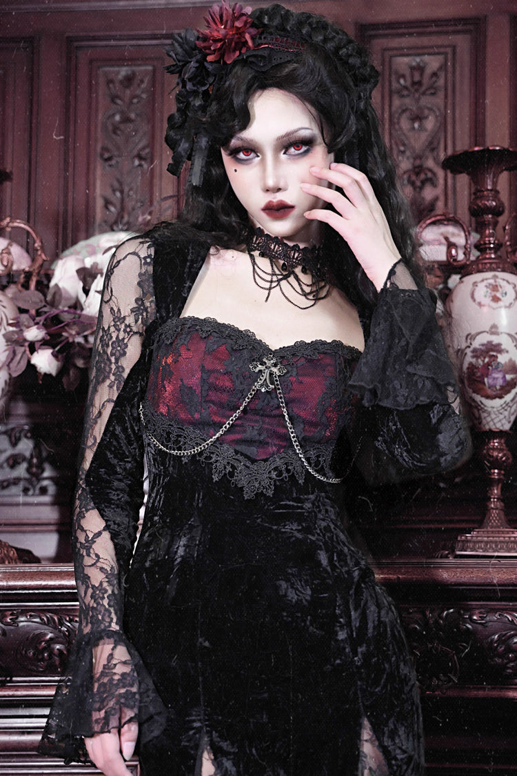 Black/Red [Rose Cemetery] Long Sleeves Lace Slim Gothic Lolita Fishtail Dress - Product - 6